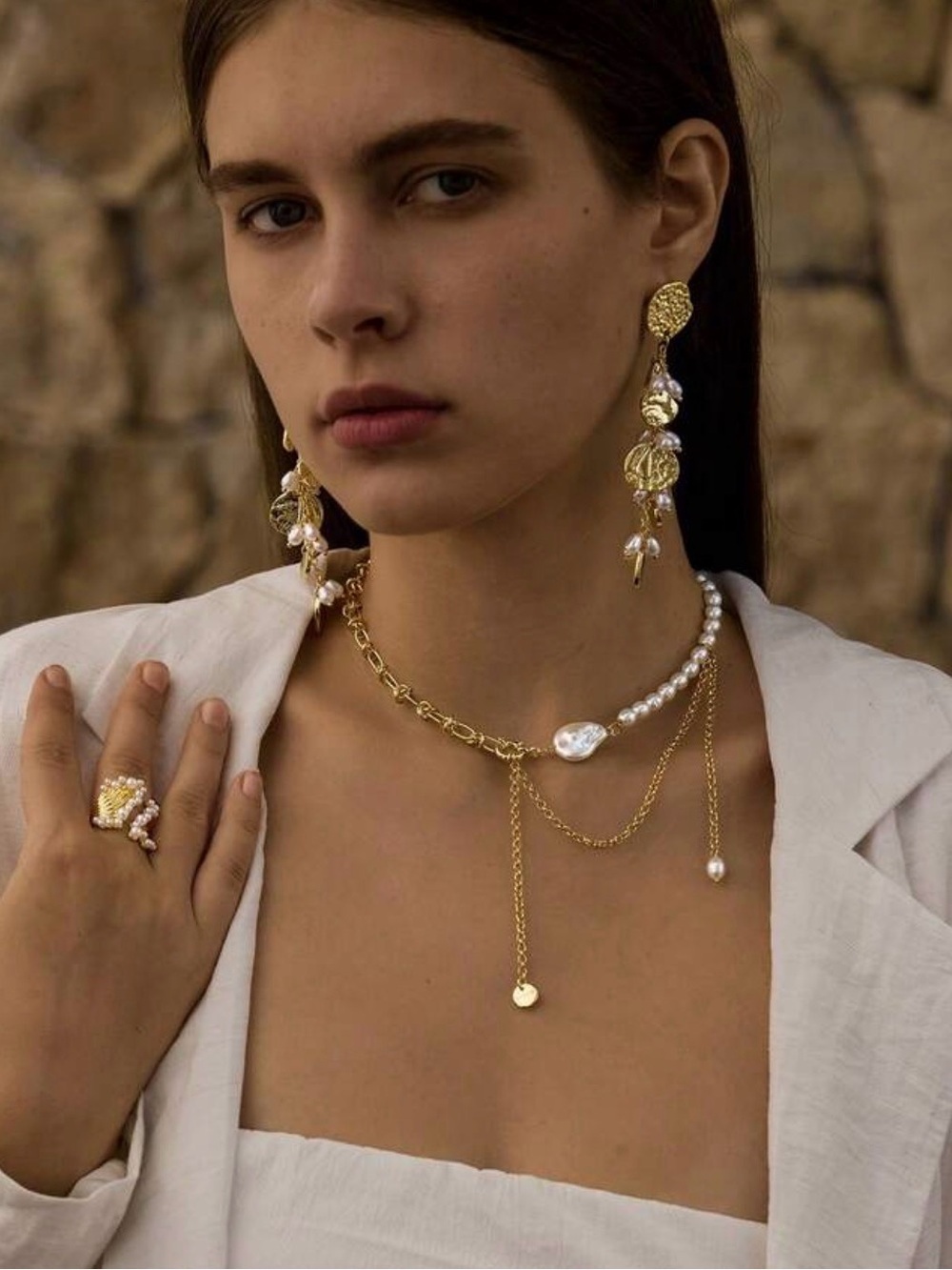 Gold Drop Pearl Cluster Earrings - Women Jewelry - Picture 3 of 7